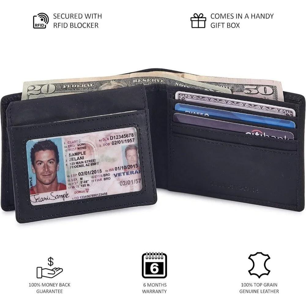 Men's Unique Metal Real Slim Black Genuine Vintage Leather Stylish Wallet